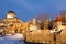 View of the upper old town skyline seen from the Petit-Champlain sector during an early spring golden hour morning