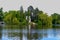 View of Upper Pond and Pink Pavilion on island of Anti-Circe island of love in Sofiyivka park in Uman, Ukraine