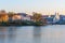 View of Upper Town and Traetskae Pradmestse or Trinity Suburb on Svisloch river bank in Minsk. Belarus