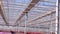 View of upwards through the top of industry greenhouse, watering lines and lighting equipment in a nursery for growing