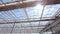 View of upwards through the top of industry greenhouse, watering lines and lighting equipment in a nursery for growing