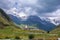 View of the Ushguli village at the foot of Mt. Shkhara. Lamaria Monastery