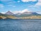 View of Ushuaia and Terra del Fuego mountains from Beagle Channel, Argentina