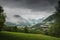 View of valley Aure in the french pyrenees mountains on a cloudy day