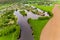 View of the valley of Lake Ogublyanka and dacha buildings along its banks, picturesque aerial view