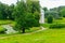 View of valley of the Slavyanka river and Temple of Friendship pavilion in Pavlovsk park, Russia