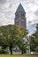 View of Vasa church seen through trees in Gothenburg Sweden