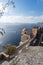 View on the Venetian castle ruin in Oia on the Mediterranean Sea
