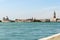 The view of Venice waterfront and St Mark`s Campanile and Doge`s Palace on a beautiful sunny day