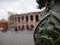 View of the Verona arena blurred behind a lamppost of light, Roman amphitheater, now theater for opera performances