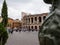 View of the Verona arena walls behind a lamppost of light, Roman amphitheater, now theater for opera performances