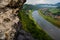 View from viewpoint of Bastei, to Elbe river and Kurort Rathen, National park Saxon Switzerland, Germany. Mist over the river Elbe