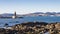 View of Vigo estuary, Sea Museum beacon and Cangas village from Carril beach