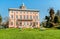 View of Villa Ciani with colorful tulips foreground in the public city park of Lugano.