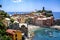 View of the village and beach of Vernazza