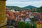 View of the village of Cesky Krumlov and its typical colorful czech houses from the Castle of Cesky Krumlov Czech Republic