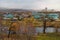 View of the village Esso, blue roofs houses, Kamchatka Peninsula, Russia.