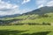 view on village Liptovska Luzna at the foothills of Low Tatras mountains with lush green meadow, forested hills and