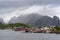 View of the village of Moskenes on the Lofoten Islands in Norway on a cloudy and rainy day