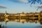 View of the village of Vielsalm with its St Gengoul church and the Doyards lake with its gazebo