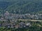 View of villages Filsen and Boppard with Rhine river in between in Germany on sunny summer day.