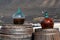 View of vineyards and barrels containing the exquisite wine of Lanzarote, canary islands