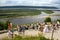 View of the Volga from a helipad. Wedding photo shoot