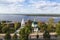 View of the Volga River, the Temple of St. Simeon the Stylite in the Kremlin and ships sailing along the Volga. Nizhny Novgorod