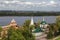 View of the Volga, the temple of Simeon the Stylite and the Kremlin wall with the White Tower. Nizhny Novgorod,