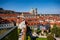 View from Vrtbovska garden to red roof of Prague Lesser town, St. Nicholas curch and complex of Prague castle