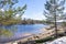 View of Vuoksi river and river banks in spring, Mellonlahti, Imatra, South Karelia, Finland