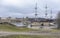 View from the walking bridge on a sailboat installed in Novgorod