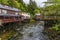 A view from a walkway towards the stilted buildings along the Creek in Ketchikan, Alaska
