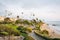 View of walkways and beach at Heisler Park, in Laguna Beach, Orange County, California
