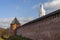 View of the wall of the Novgorod Kremlin - Detinets with the Metropolit Tower on an autumn day