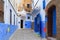 View of the walls of Medina quarter in Chefchaouen, Morocco. The city, also known as Chaouen is noted for its buildings in shades