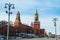 View of the walls and towers of the Moscow Kremlin with a clock