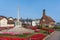 View of the War Memorial, The Moot Hall and Mill Inn pub. Aldeburgh, Suffolk. UK