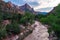 View of The Watchman rock formation along the Virgin River in Utahâ€™s Zion National Park