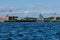 View from the water of the harbor and the parking of warships and submarines,the coastline of Kronstadt,the waters of