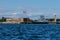 View from the water of the harbor and the parking of warships and submarines,the coastline of Kronstadt,the waters of