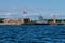 View from the water of the harbor and the parking of warships and submarines,the coastline of Kronstadt,the waters of