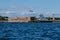 View from the water of the harbor and the parking of warships and submarines,the coastline of Kronstadt,the waters of