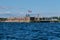 View from the water of the harbor and the parking of warships and submarines,the coastline of Kronstadt,the waters of