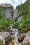 View of waterfall Pisciadu Cascate del PisciadÃ¹ Italian Dolomites, Corvara in Badia, Italy. Summer time