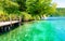 View of waterfall at Plitvice lakes, Croatia. Panoramic view of fresh nature, blue water and green trees