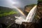 view of waterfall with rainbow, captured during stormy weather