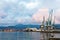 view of waterfront of harbor of Batumi in evening