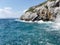 View of the waves of the Aegean Sea and fantastic cliffs. Turkey, Kusadasi.