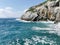 View of the waves of the Aegean Sea and fantastic cliffs. Turkey, Kusadasi.